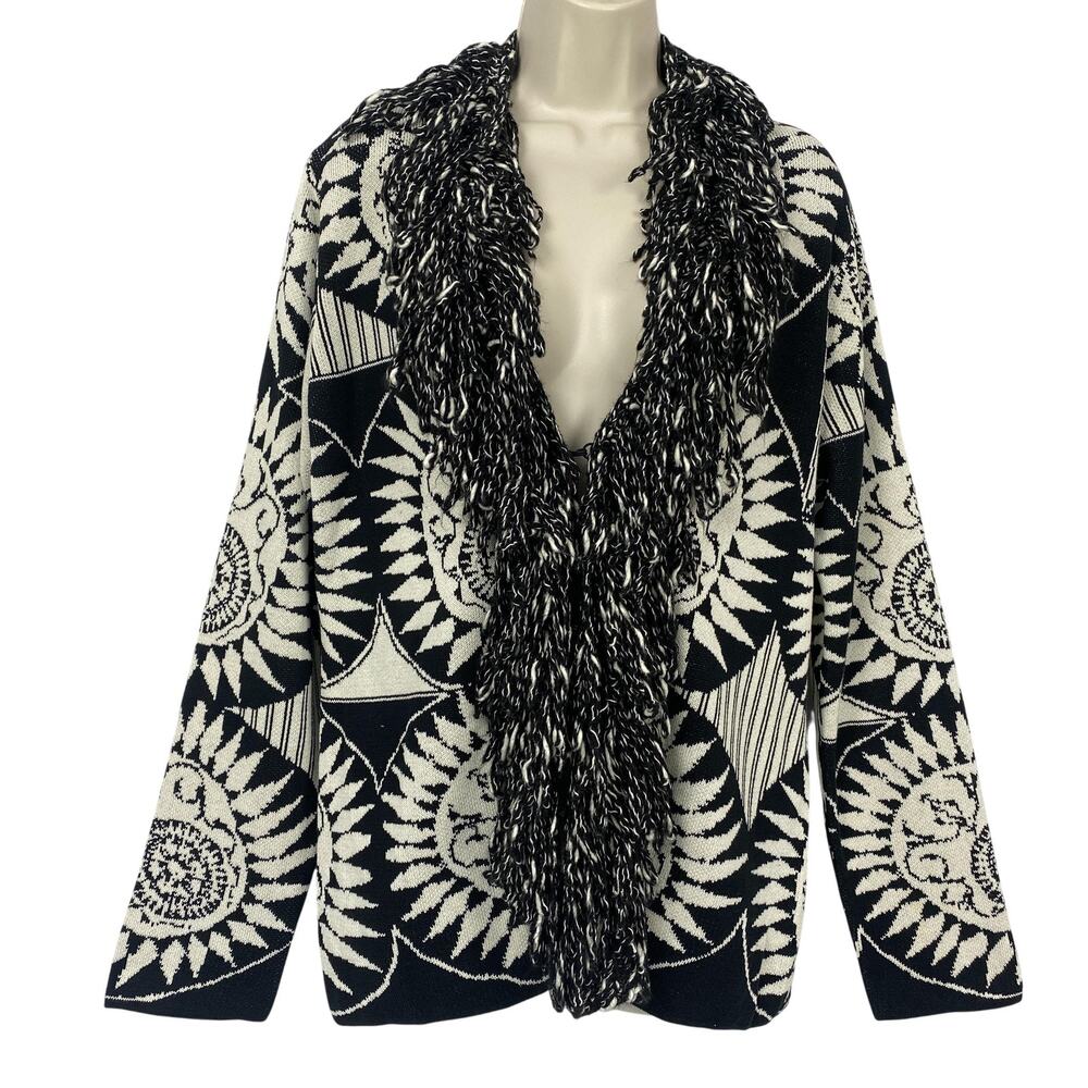 Chicos Cardigan Sweater Size 2 Large Wool Silk Blend Fringe Boho Artsy Chunky‎